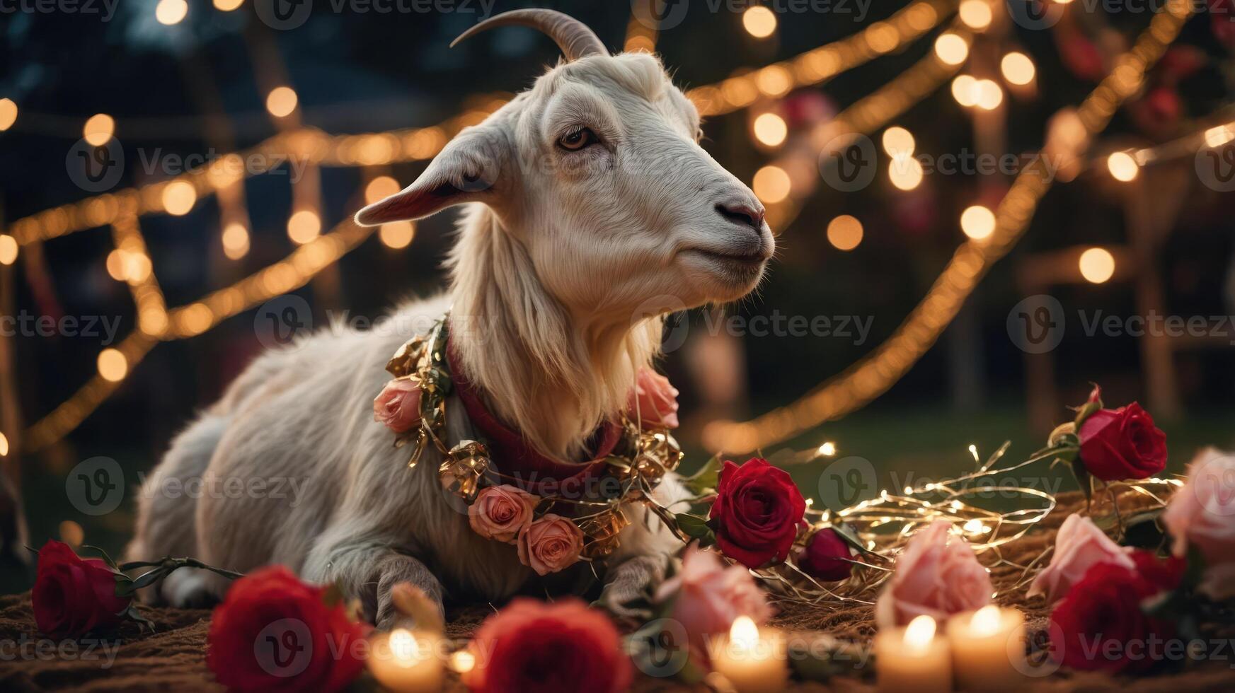 A decorated goat surrounded by roses and fairy lights, creating a festive atmosphere. photo