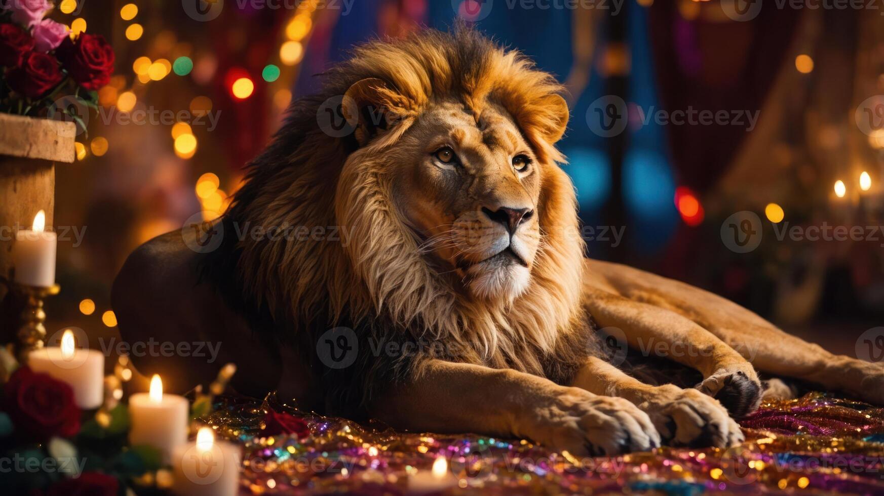 A majestic lion rests on colorful decorations surrounded by candles and flowers. photo