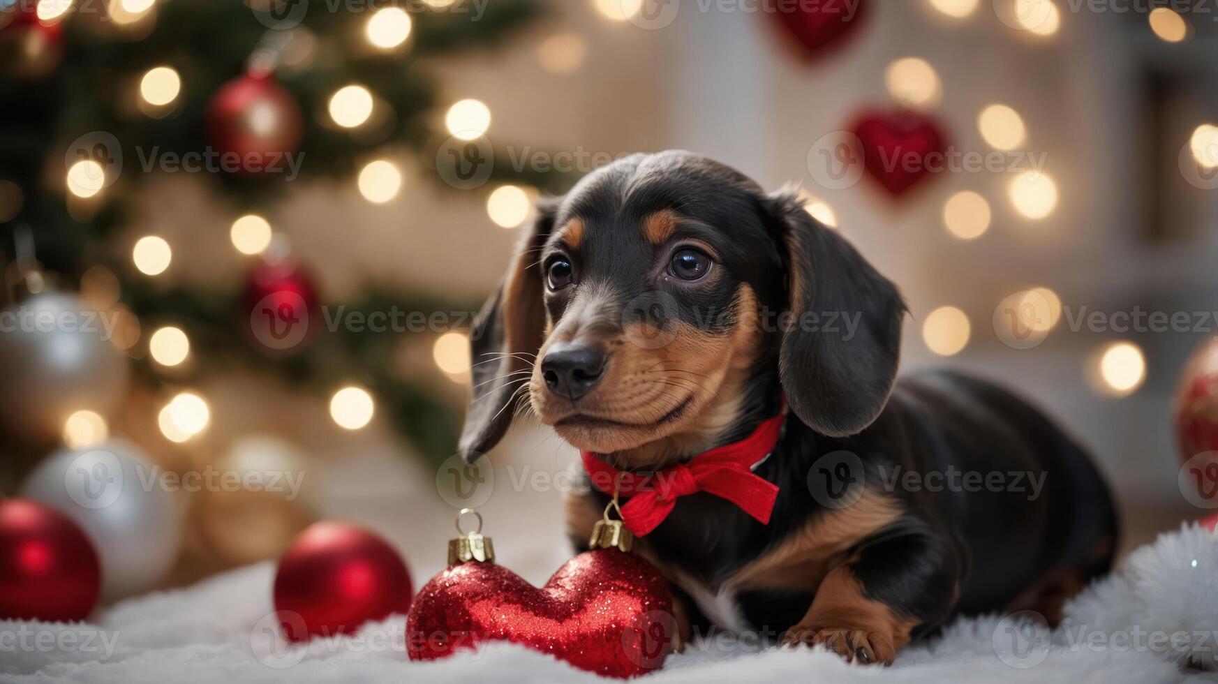 A cute puppy with a red bow sits near holiday decorations and a Christmas tree. photo