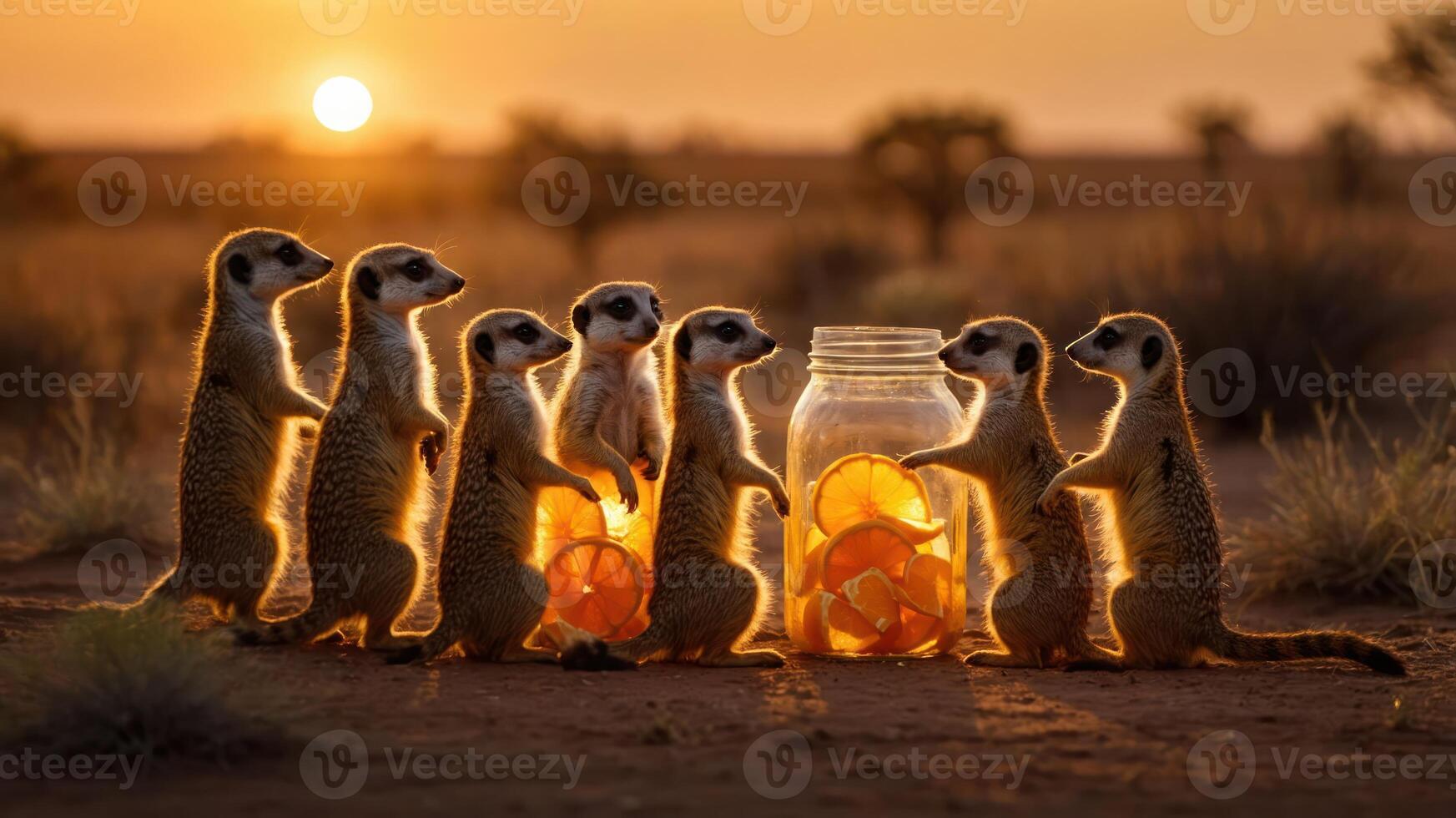Meerkats curiously gather around a jar filled with orange slices at sunset. photo