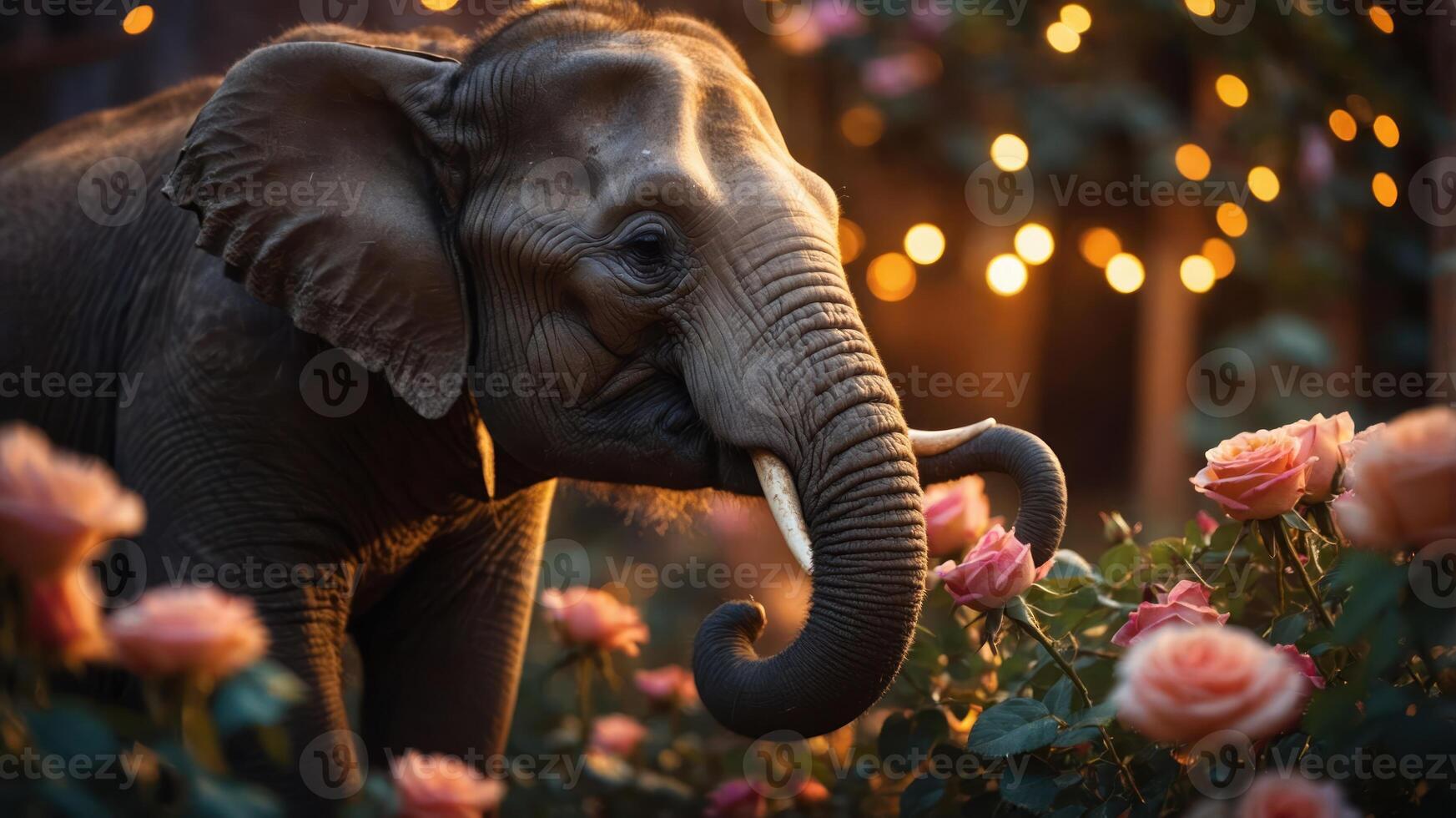 An elephant gently interacting with blooming roses amidst soft, warm lighting. photo