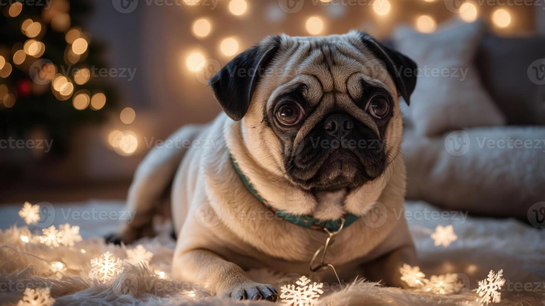 A pug lying on a cozy surface surrounded by festive lights and decorations. photo