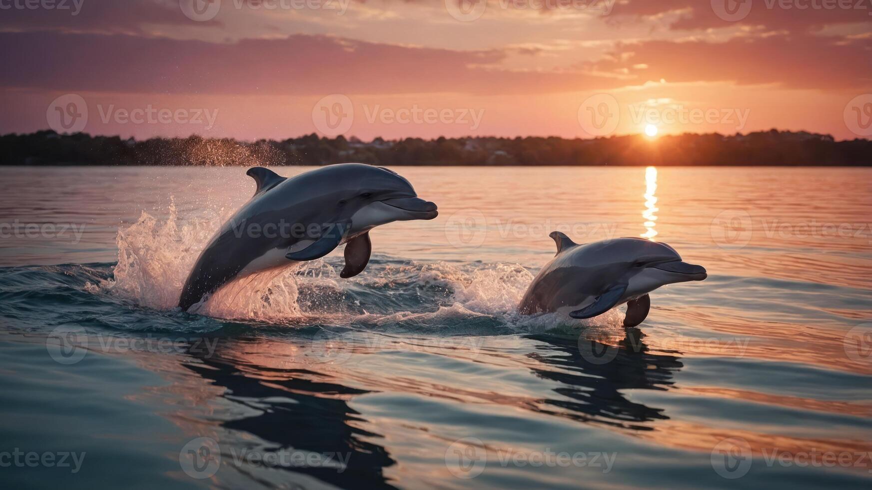 Two dolphins leap from the water at sunset, creating a serene and joyful scene. photo