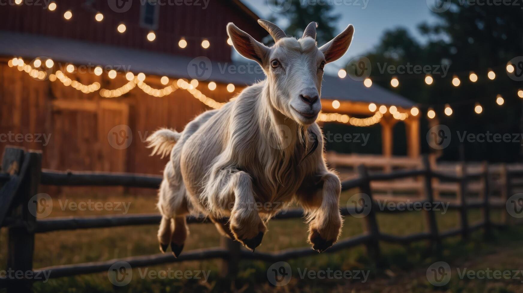 A goat leaps joyfully in front of a barn adorned with festive lights at dusk. photo