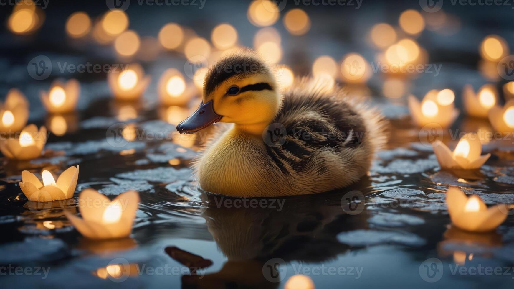 A duckling floats among glowing lotus candles on a serene water surface. photo