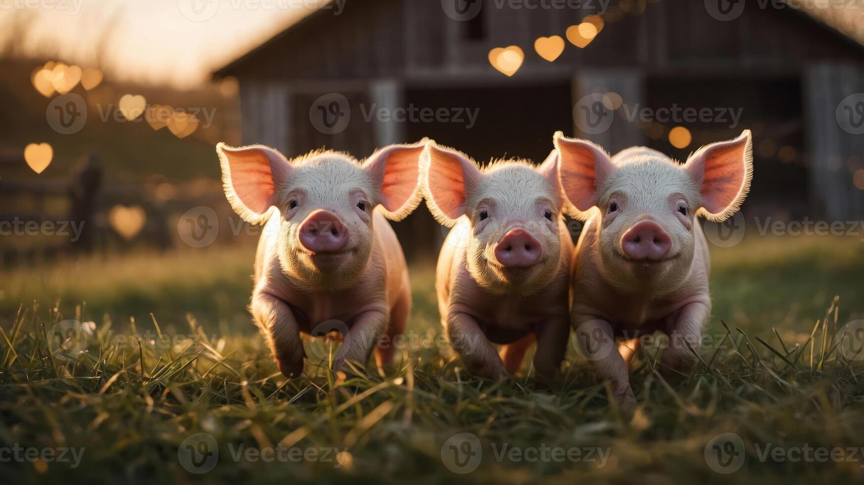 Three playful piglets running in a sunlit field with a barn in the background. photo