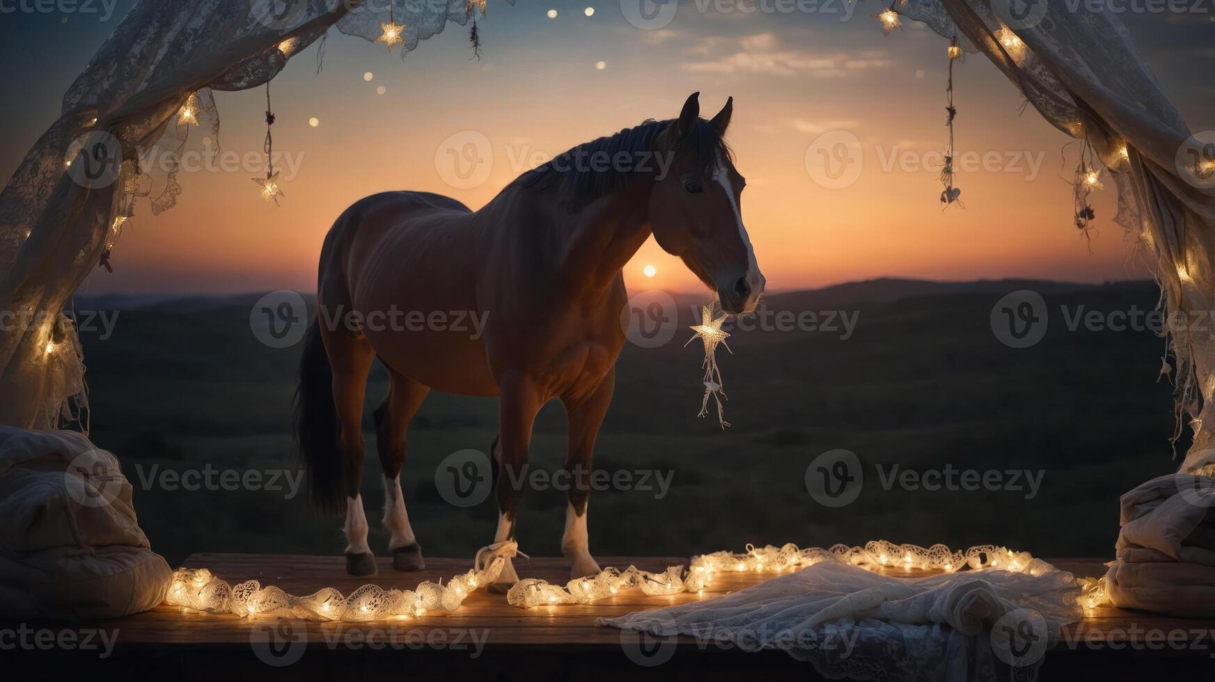 A serene horse stands by a sunset backdrop adorned with fairy lights and draped fabric. photo
