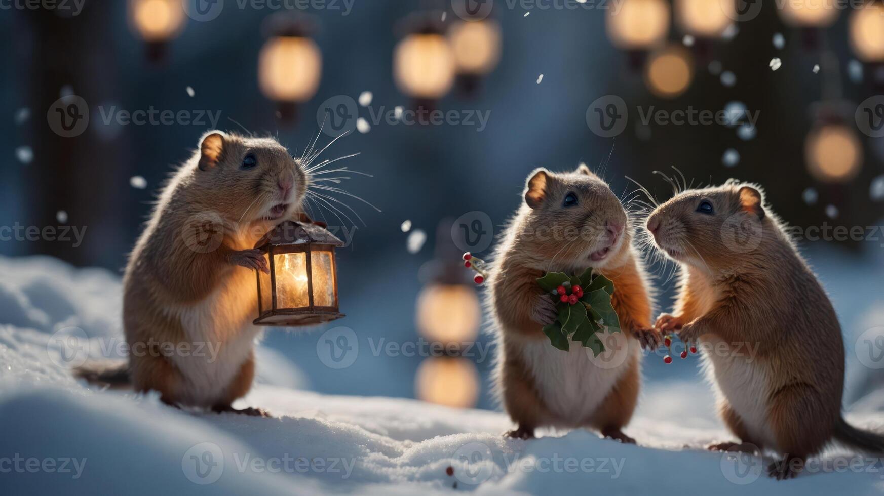 Three cute squirrels in the snow, sharing a lantern and holly, creating a festive atmosphere. photo