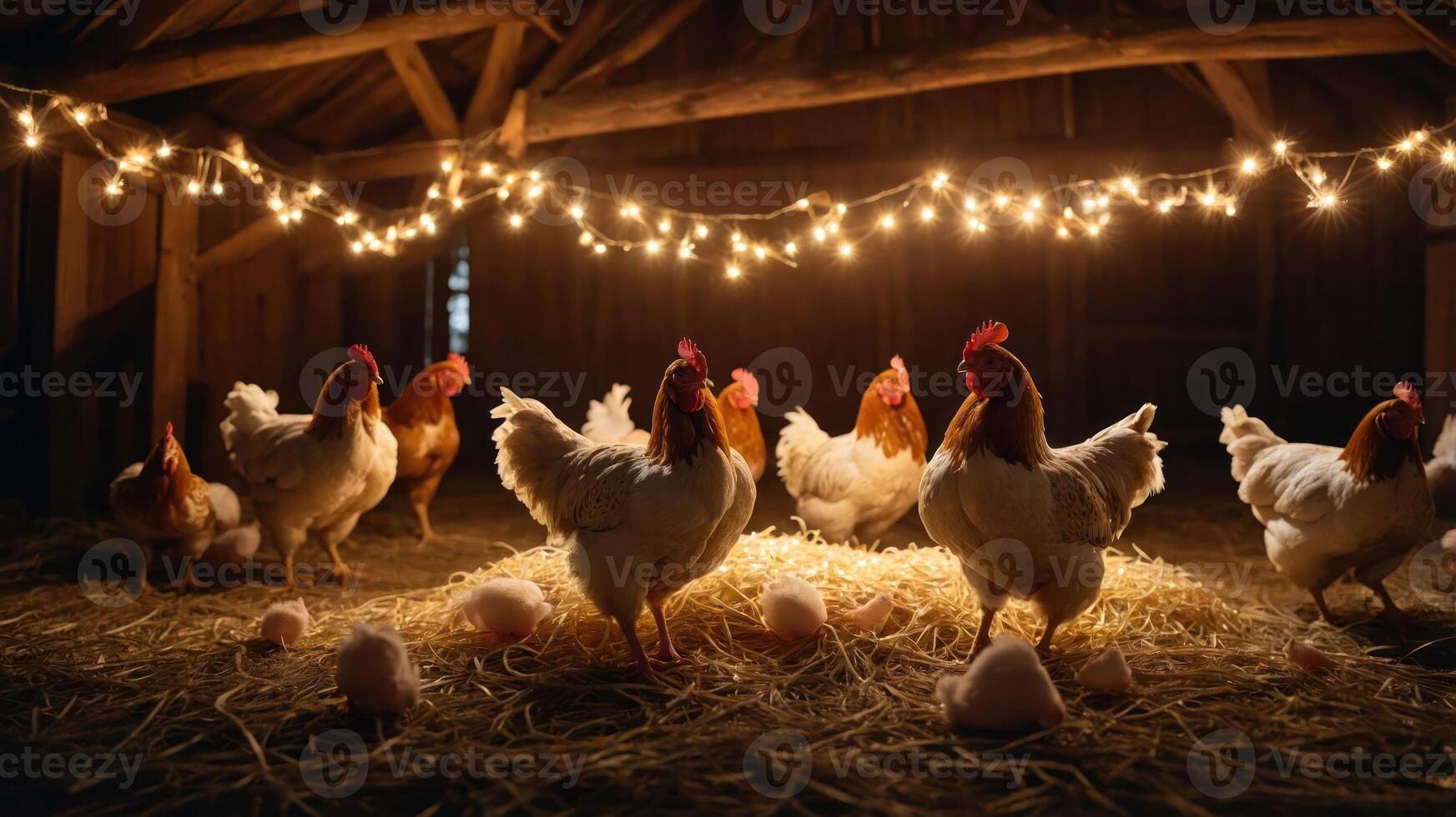 Chickens in a barn illuminated by fairy lights, surrounded by straw and eggs. photo