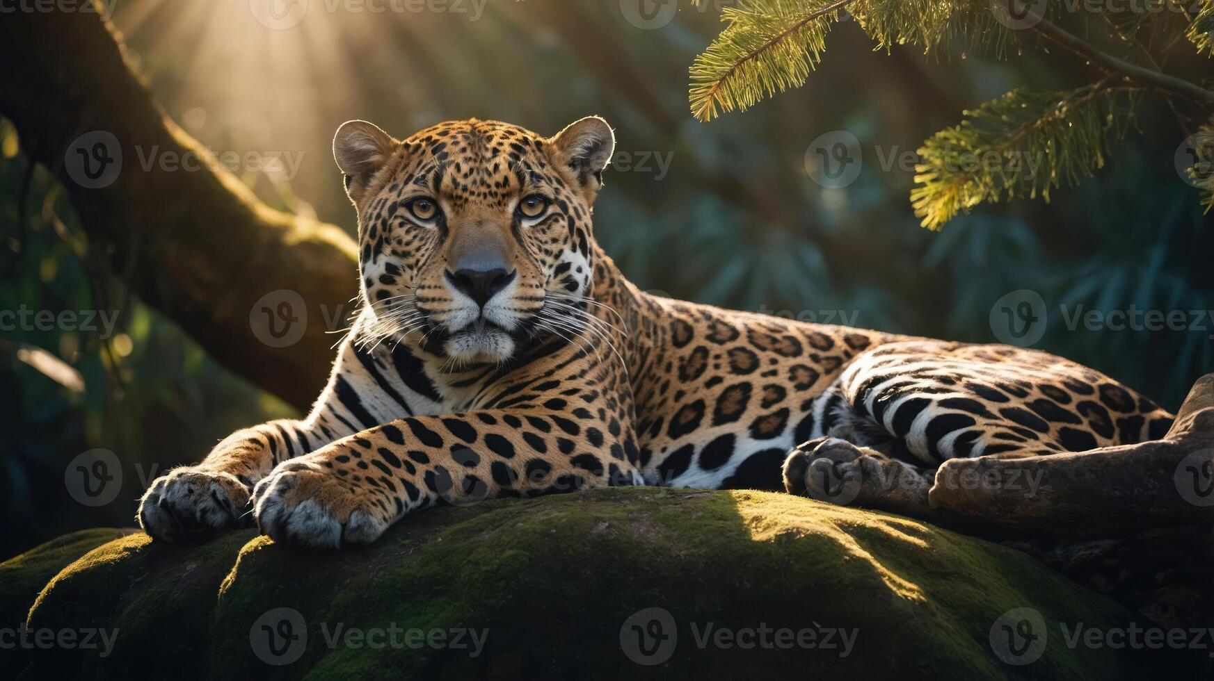 A majestic leopard resting on a moss-covered rock in a sunlit jungle environment. photo