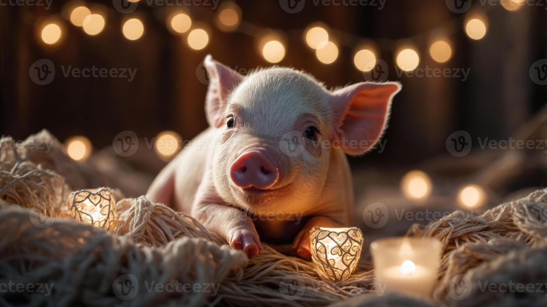A cute piglet surrounded by soft lights and candles, creating a cozy atmosphere. photo