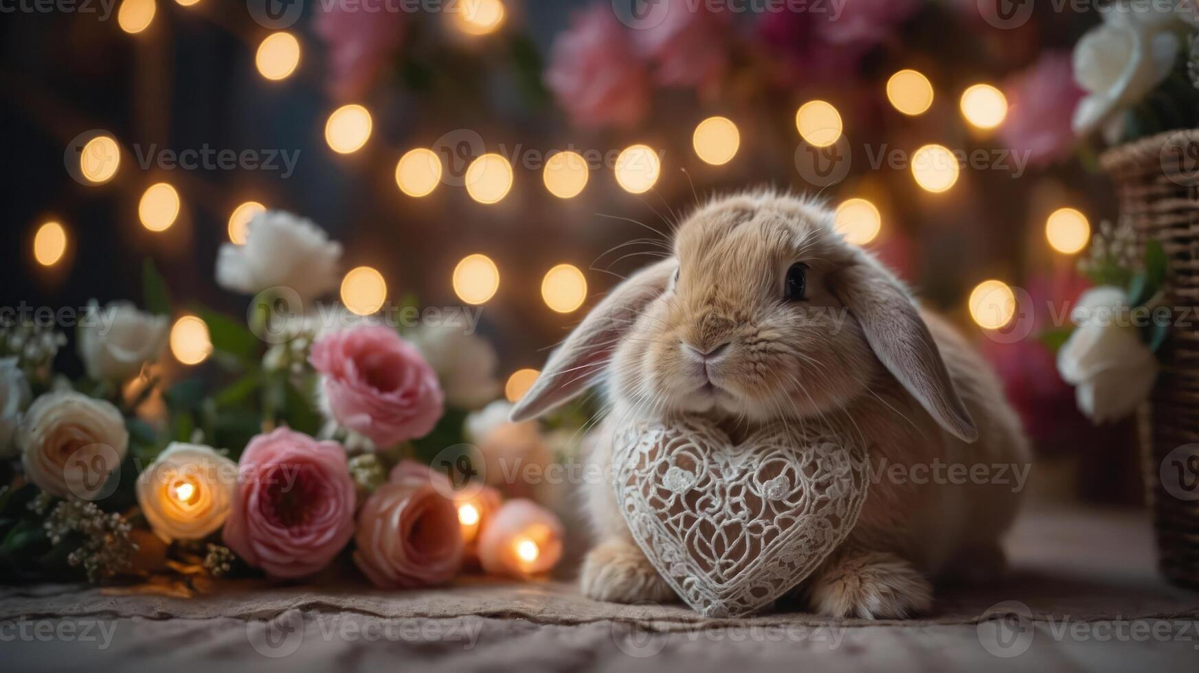 A cute rabbit resting with a heart-shaped decoration amidst flowers and soft lights. photo
