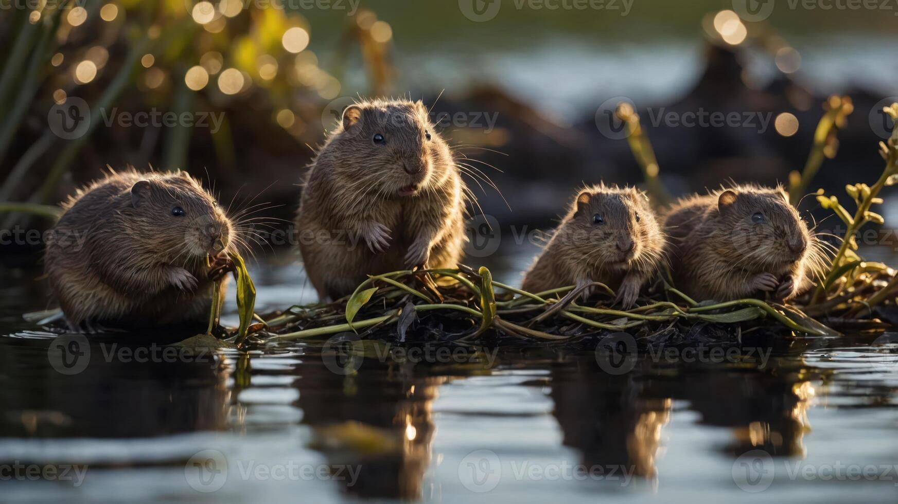 Four small mammals sitting on vegetation in water, enjoying their surroundings. photo