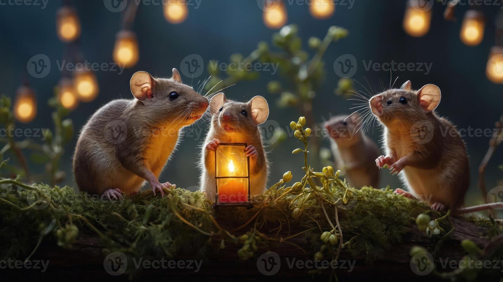 Four mice gather around a lantern in a whimsical, softly lit setting. photo