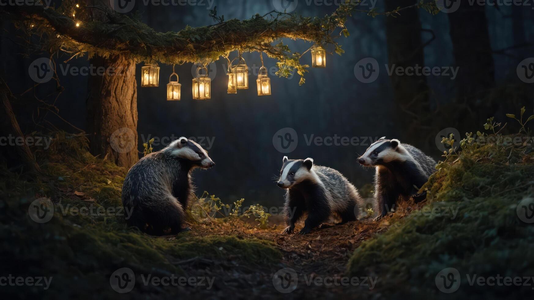 A serene forest scene featuring three badgers illuminated by hanging lanterns at night. photo