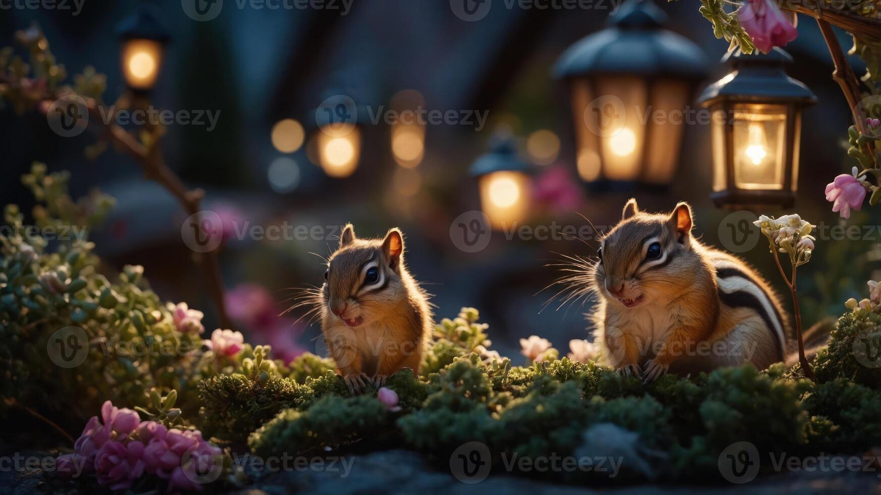 Two chipmunks amidst flowers and lanterns in a serene evening setting. photo