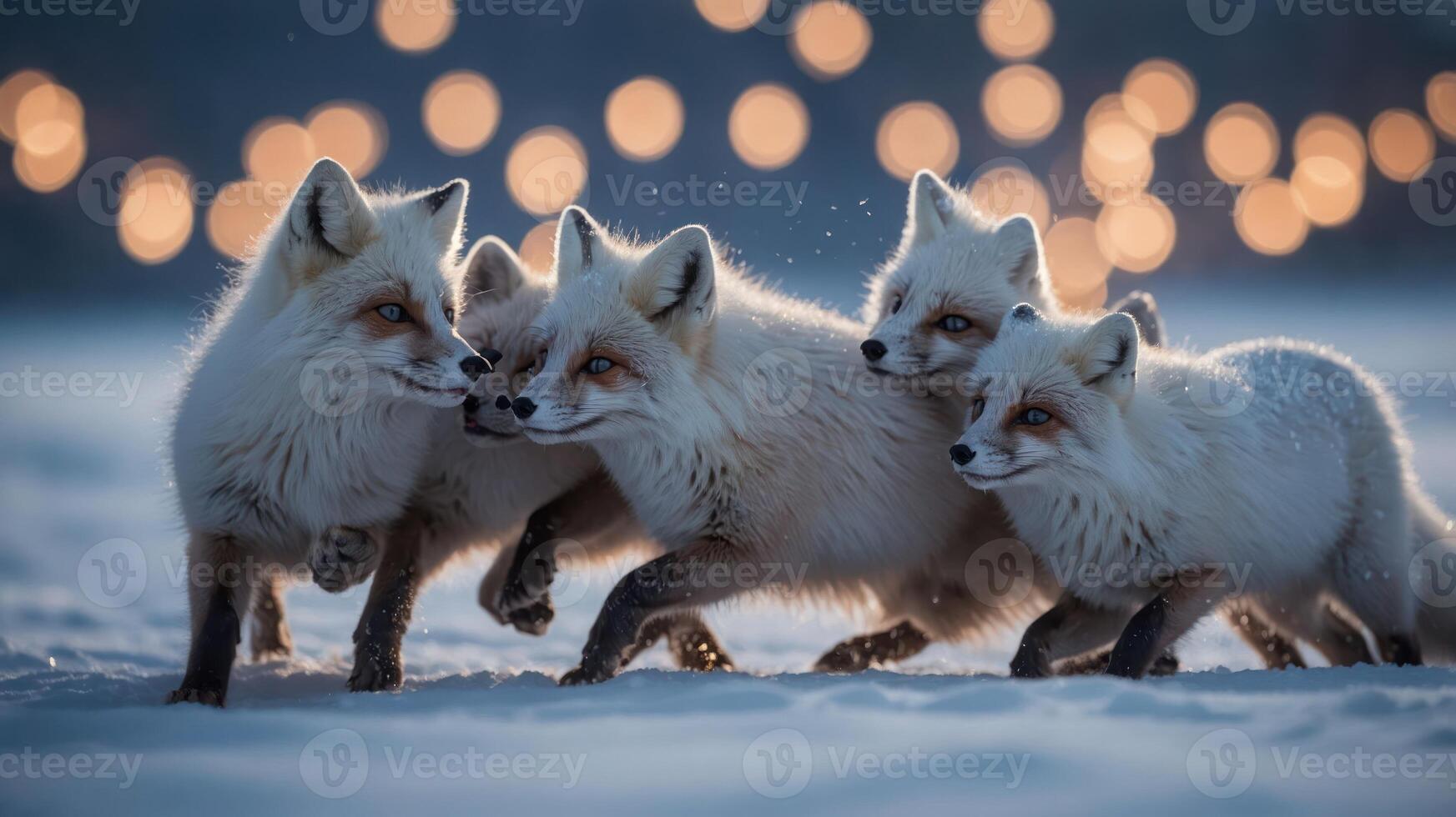 A group of playful foxes running together in a snowy landscape with soft bokeh lights. photo