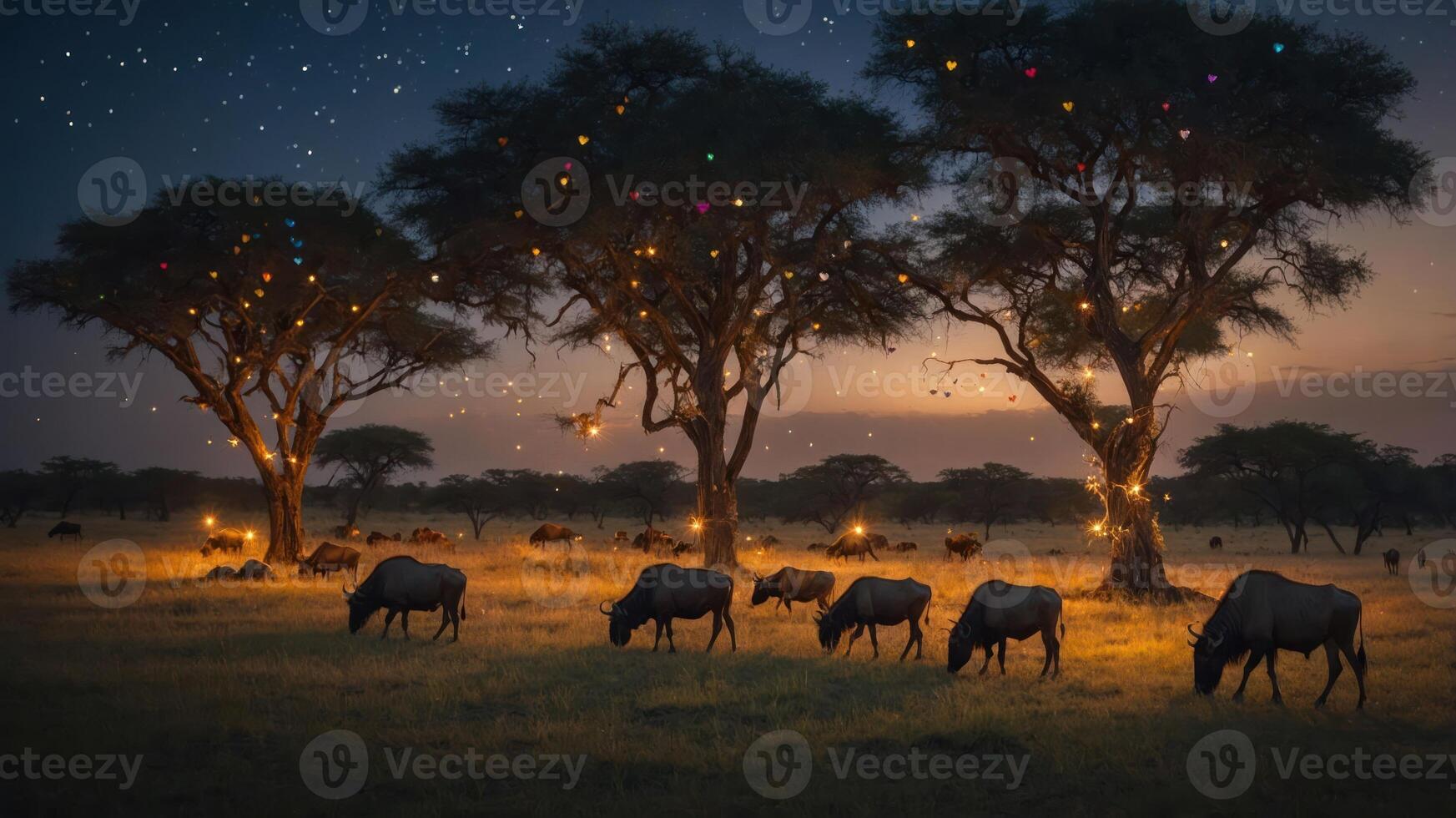 A serene twilight scene with buffalo grazing under illuminated trees. photo