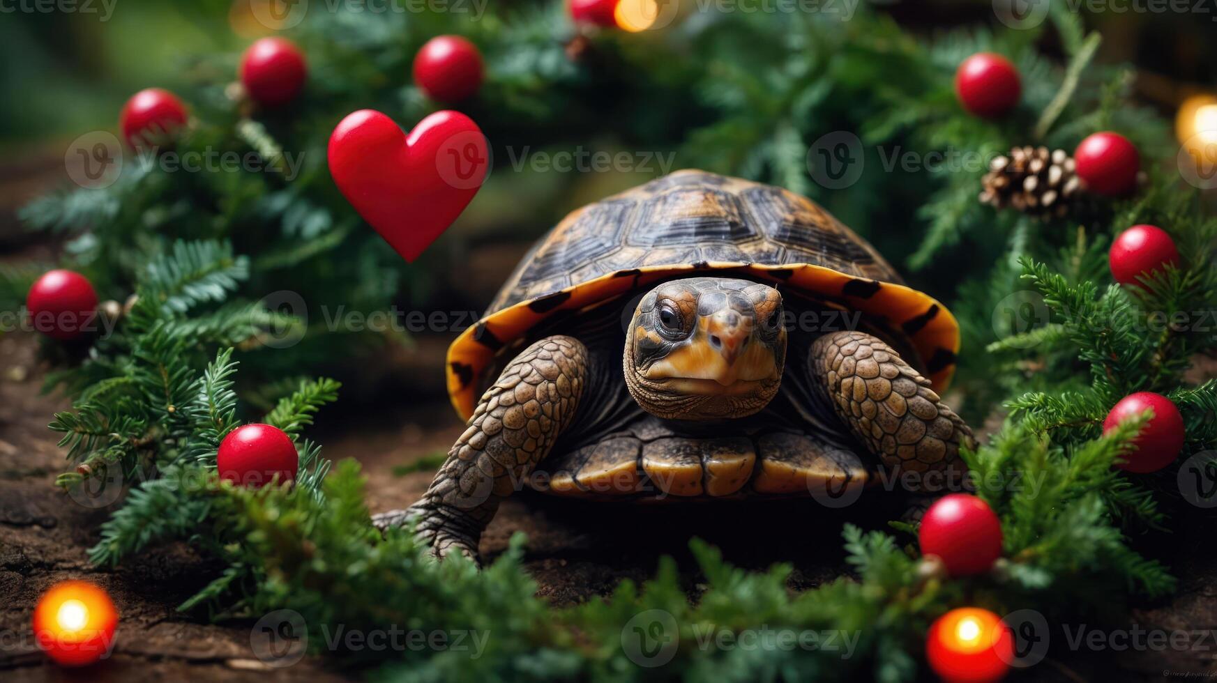 A turtle surrounded by a festive wreath with red ornaments and a heart, evoking holiday cheer. photo