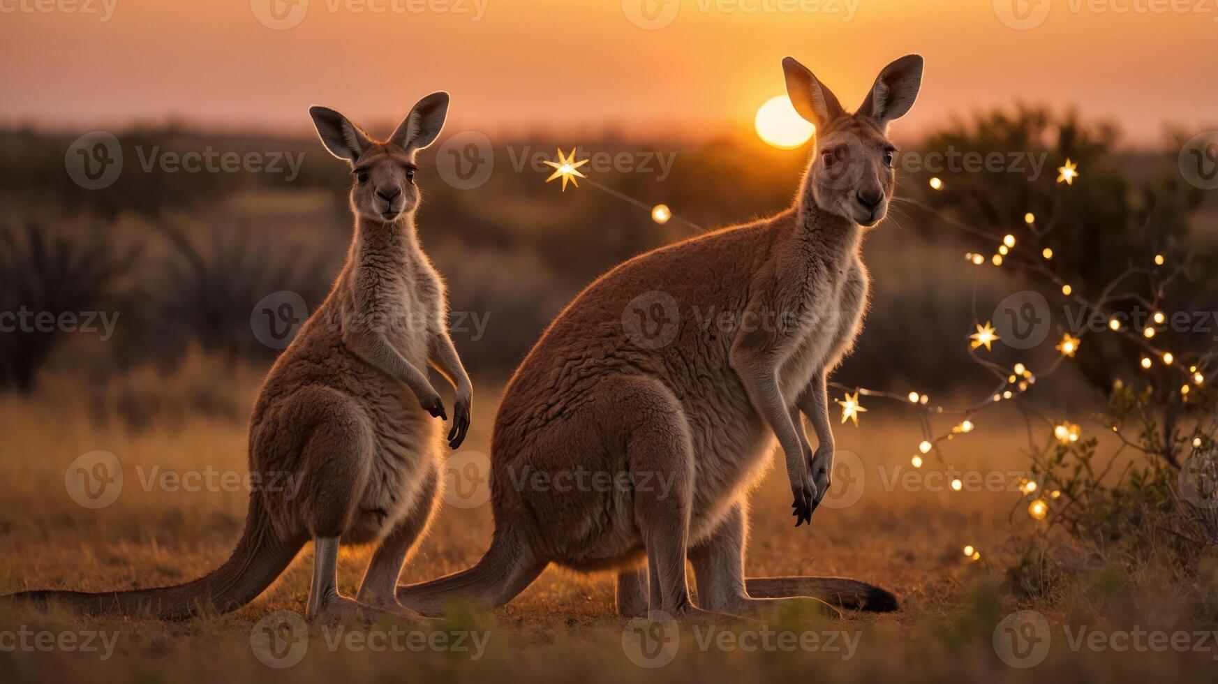 Two kangaroos stand in a grassy field at sunset, surrounded by sparkling lights. photo