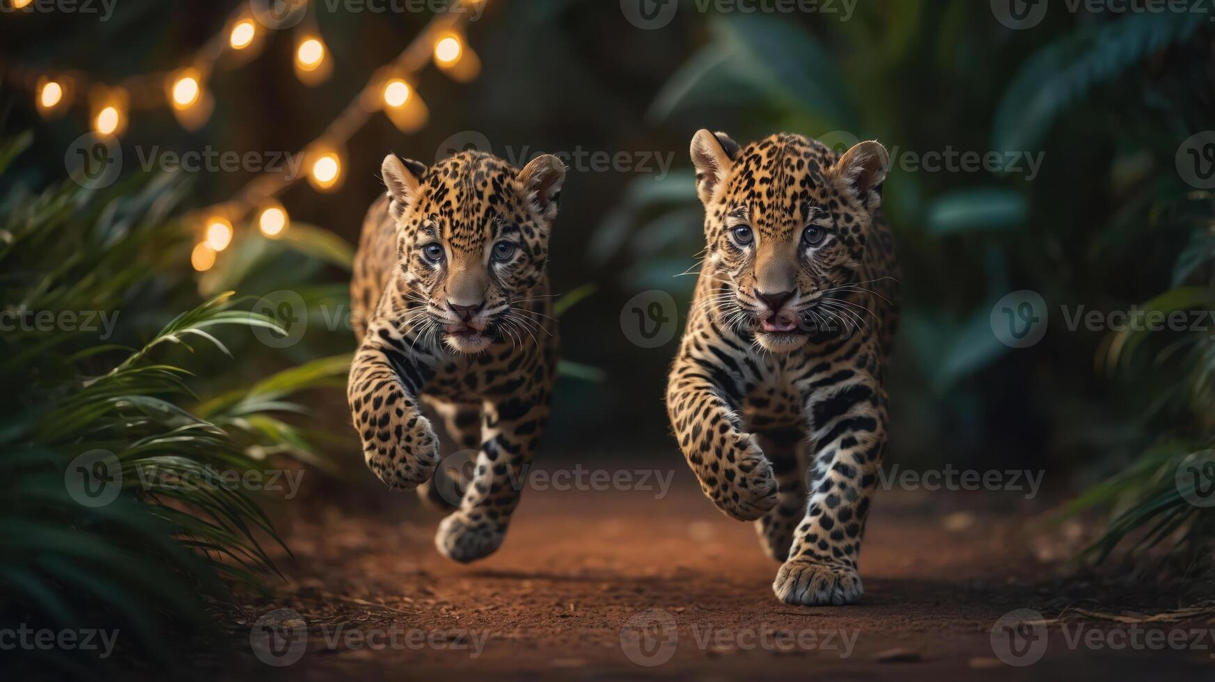 Two playful jaguar cubs running along a path adorned with fairy lights in a lush environment. photo