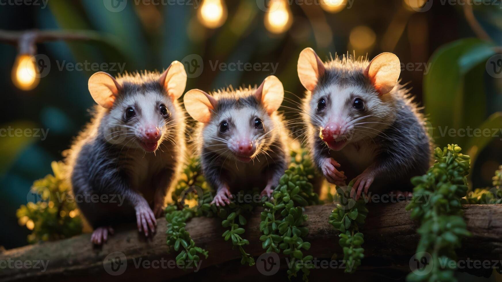 Three cute marsupials with large ears posed on a branch amidst soft lighting and greenery. photo