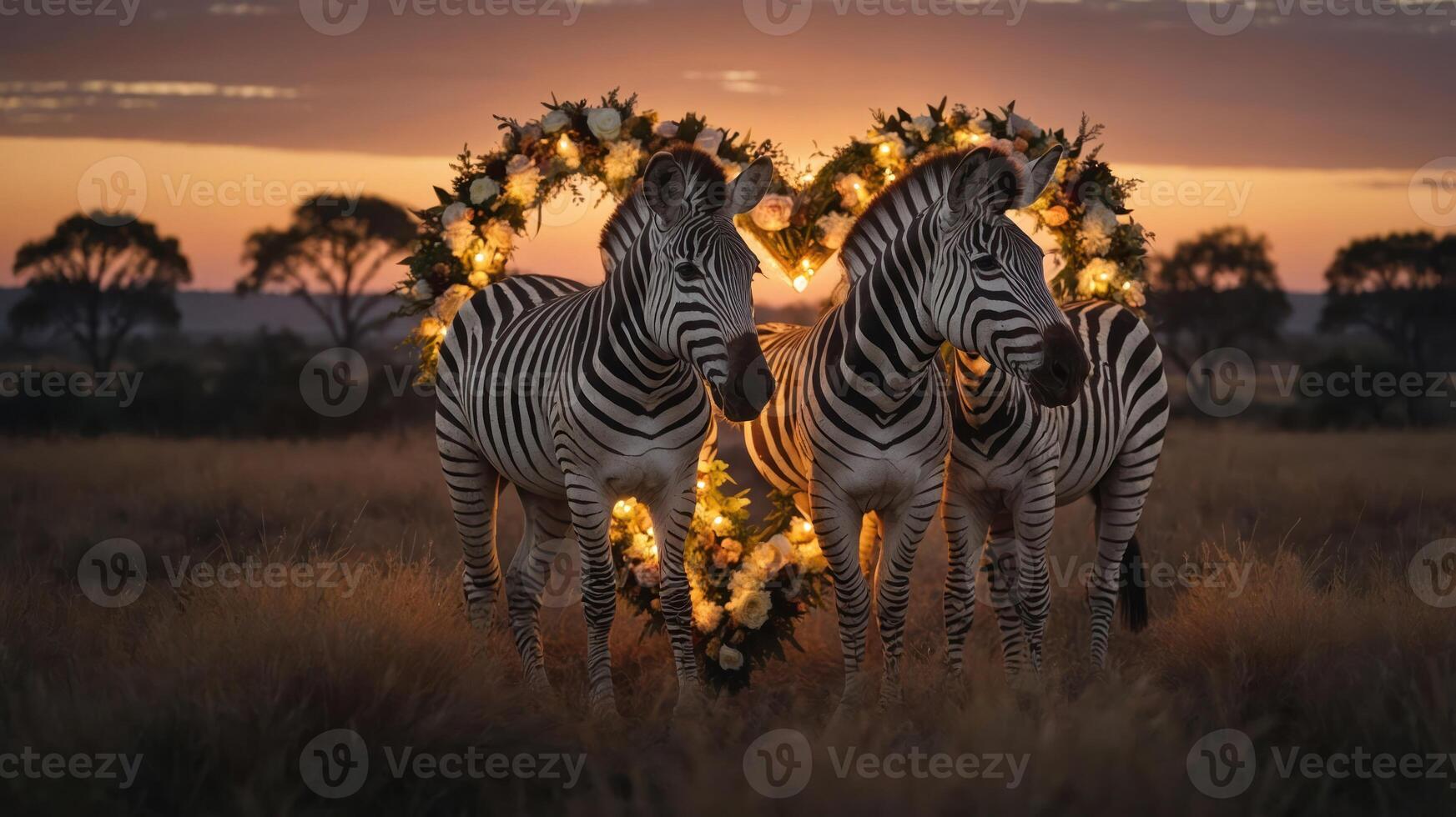 Two zebras framed by a floral heart at sunset, creating a romantic and serene scene. photo