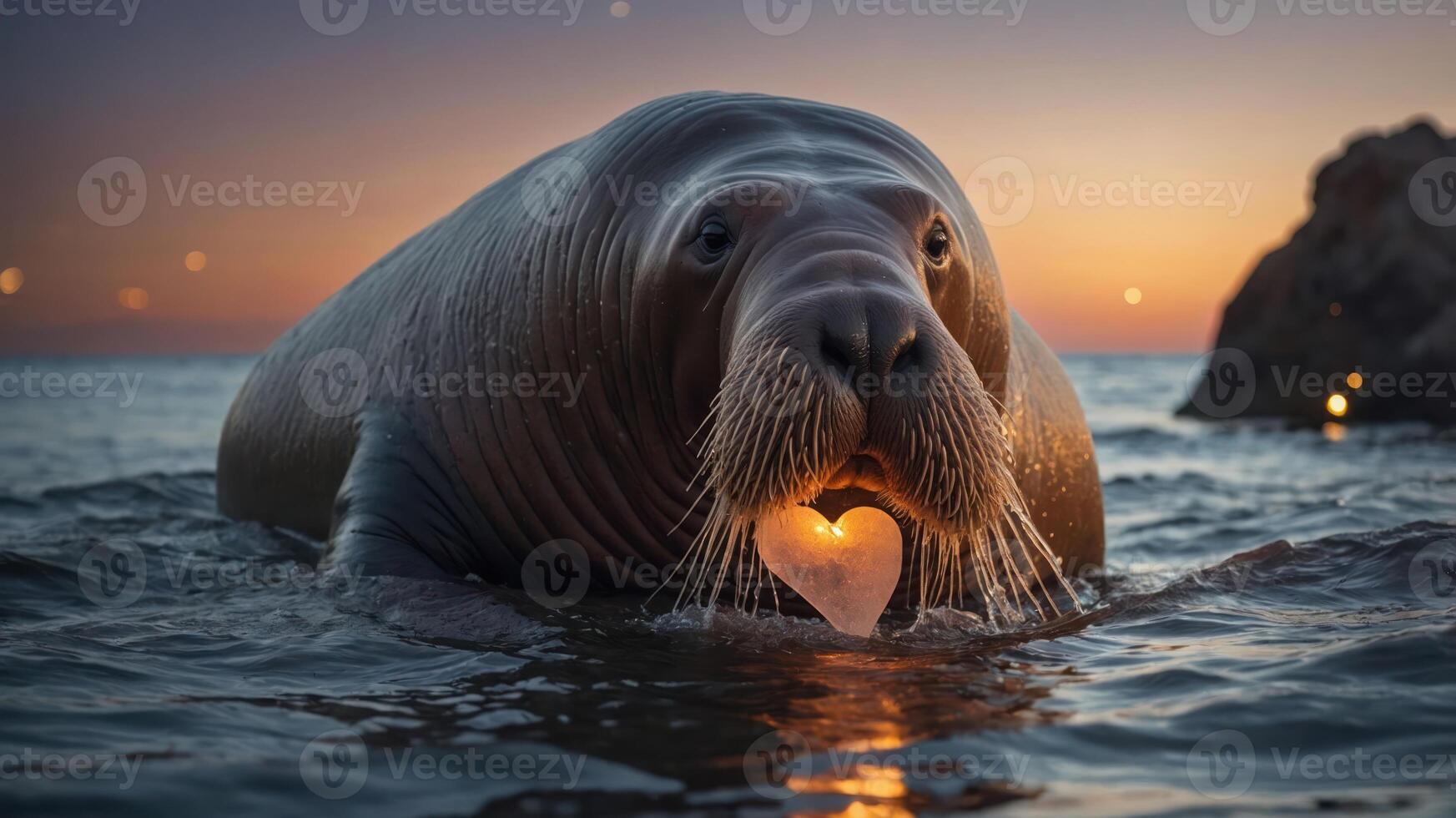 A walrus holding a heart-shaped object in its mouth against a sunset backdrop. photo