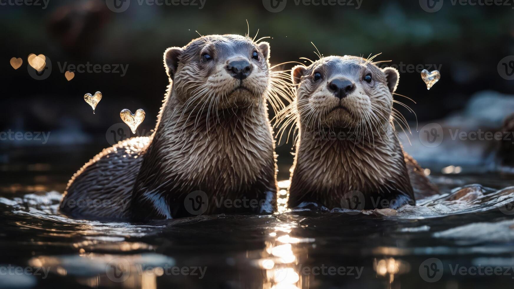 Two otters playfully interacting in water, surrounded by heart-shaped bokeh lights. photo