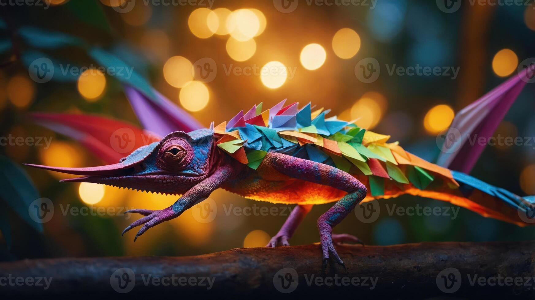 A colorful origami-inspired chameleon displayed on a branch with a dreamy background. photo