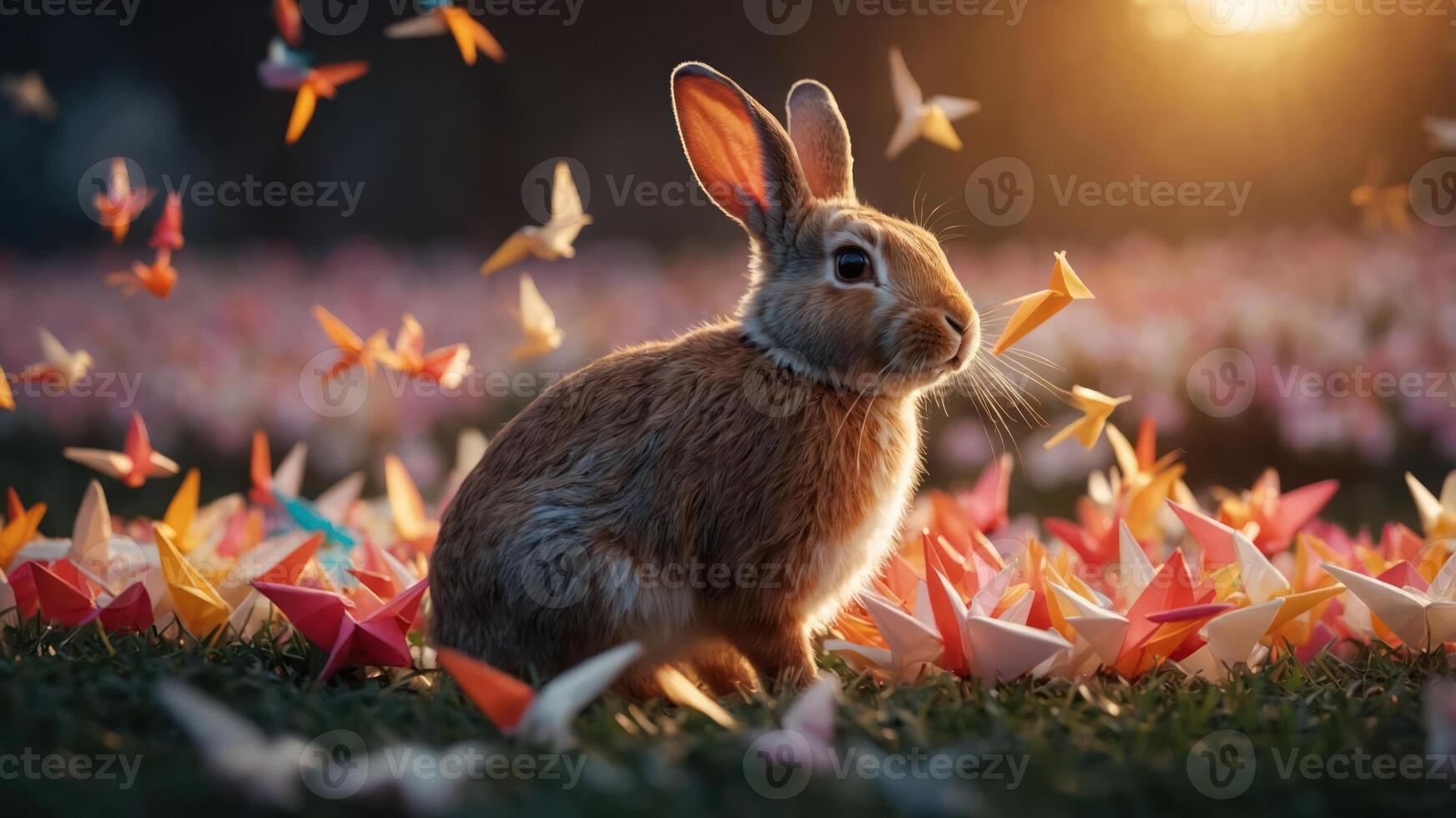 A rabbit surrounded by colorful origami in a vibrant, flower-filled landscape at sunset. photo