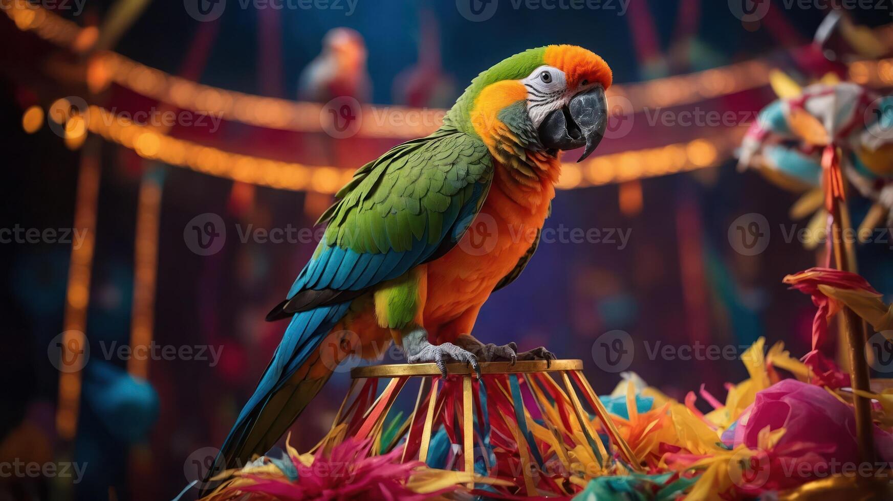 A vibrant parrot perched on a colorful display in a festive circus setting. photo
