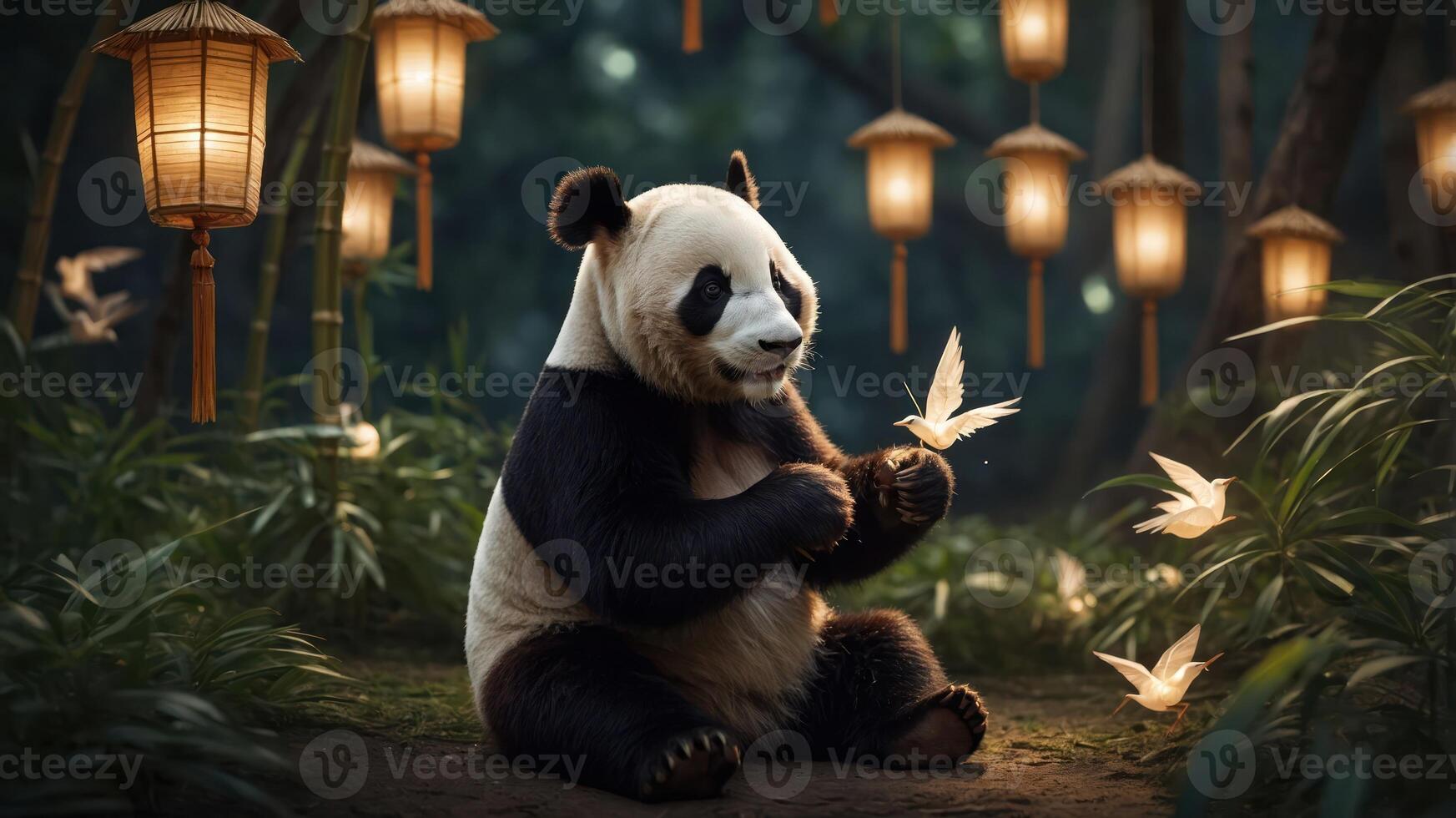 A panda interacts with butterflies in a serene, lantern-lit forest setting. photo