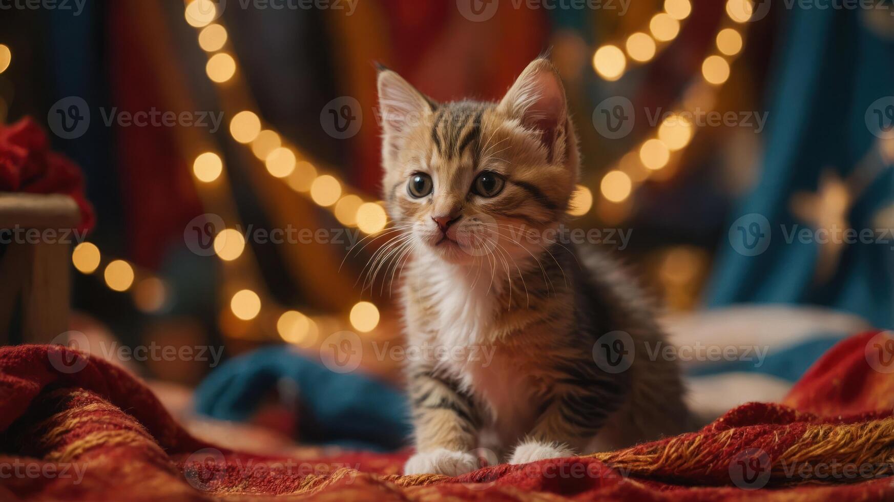A curious kitten sits on a colorful blanket, surrounded by soft lights in a cozy setting. photo