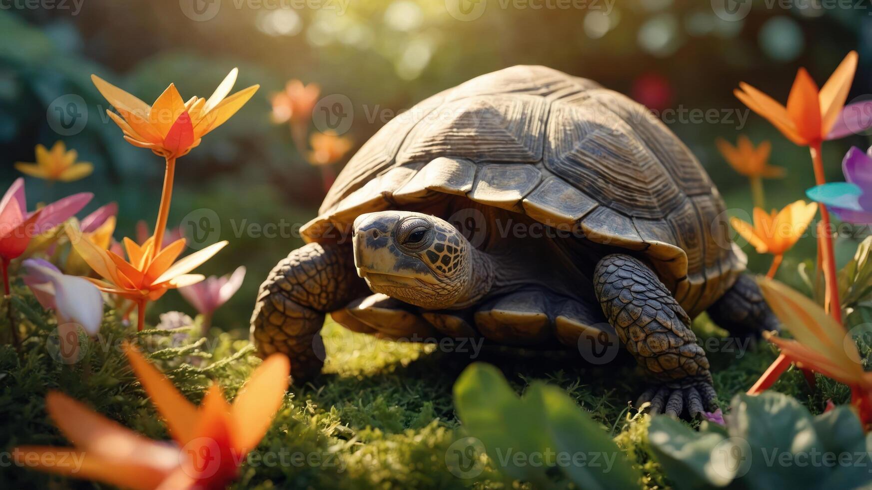 A turtle amidst colorful flowers in a vibrant natural setting. photo