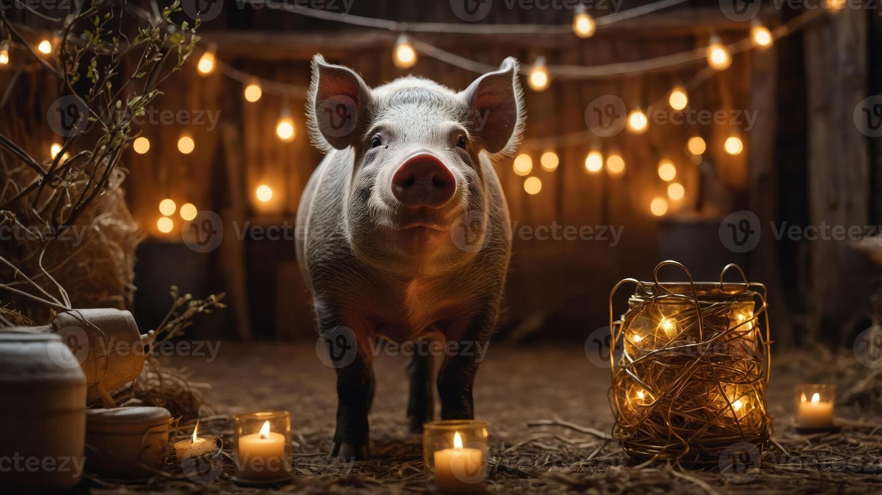 A pig stands amidst soft lighting and candles, creating a cozy, festive atmosphere. photo