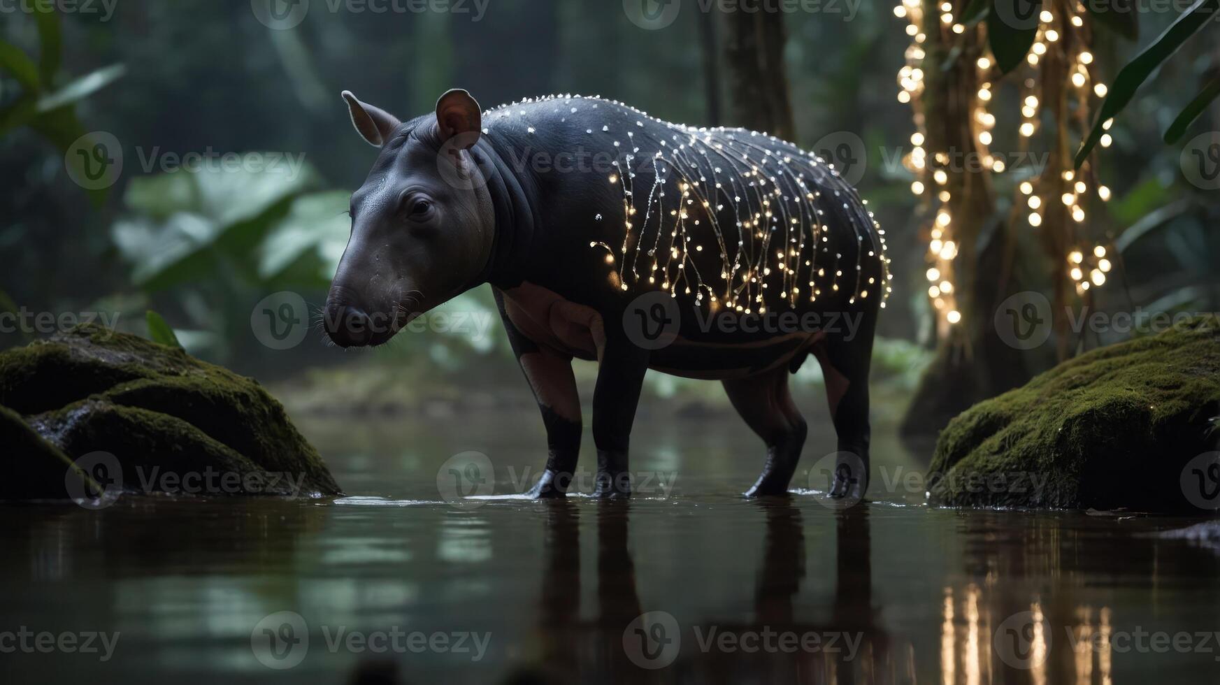 A tapir stands in a serene forest setting, illuminated by glowing lights. photo