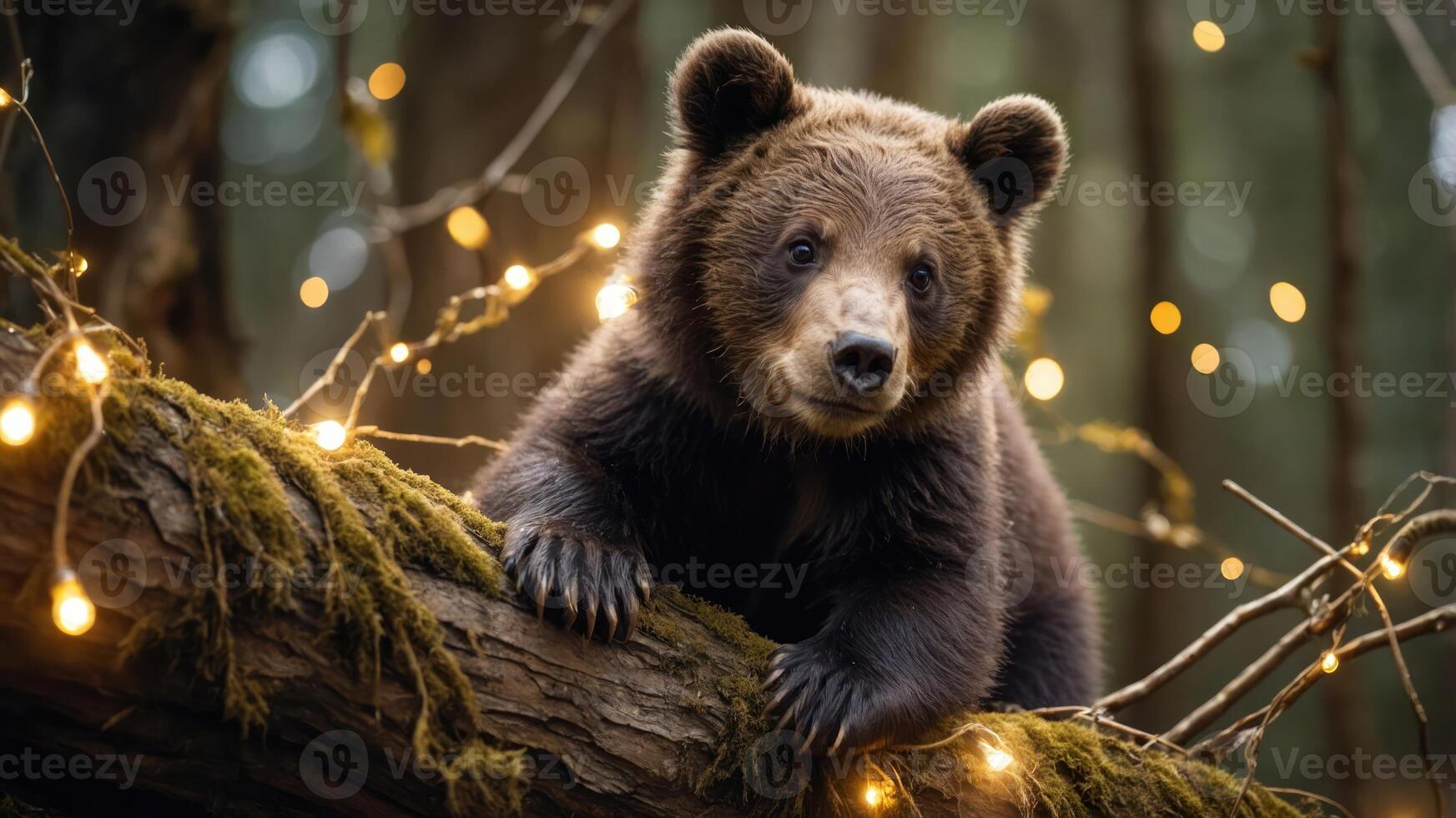 A bear perched on a mossy log adorned with fairy lights in a serene forest setting. photo