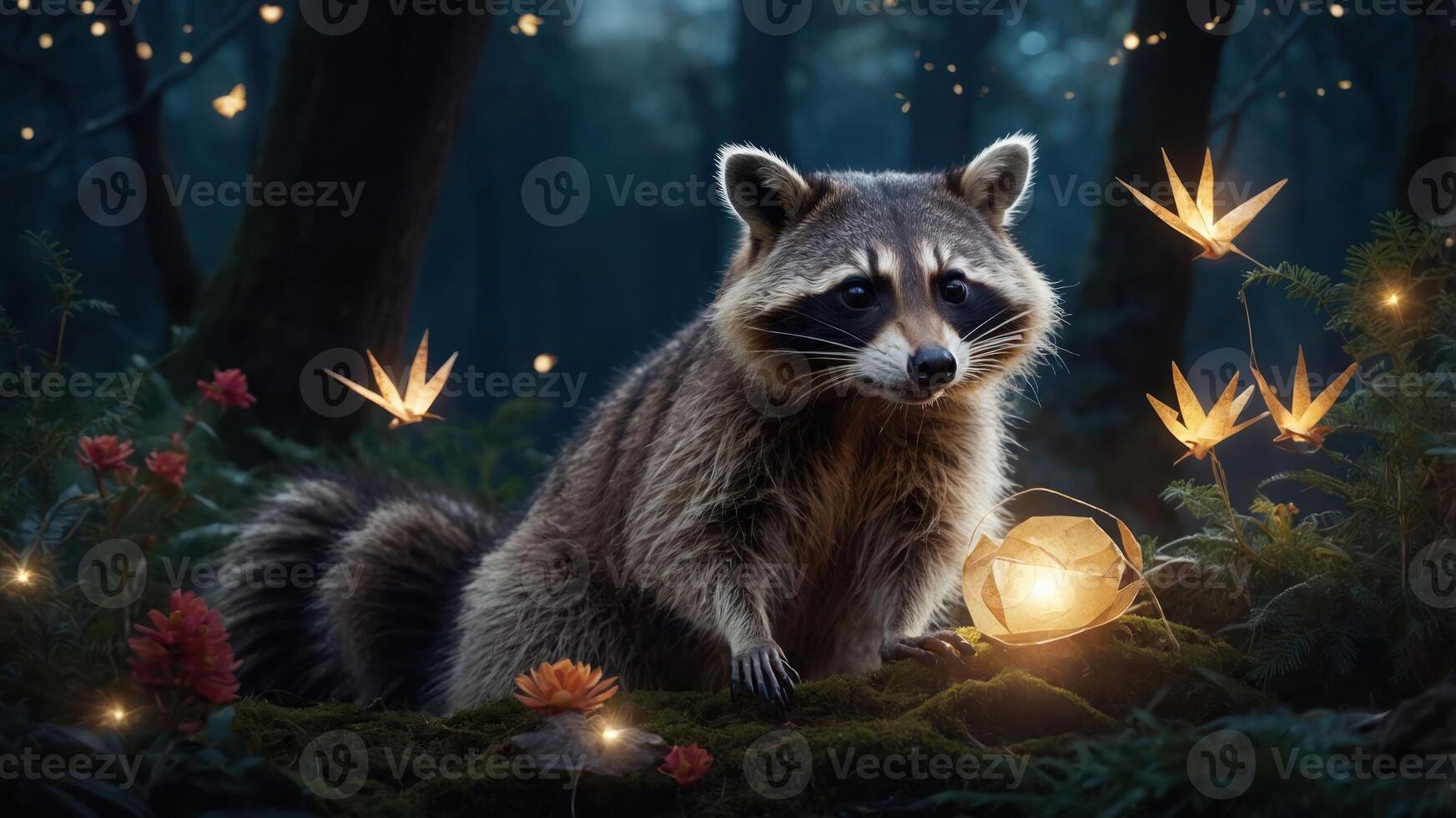 A raccoon in a mystical forest surrounded by glowing flowers and soft lighting. photo