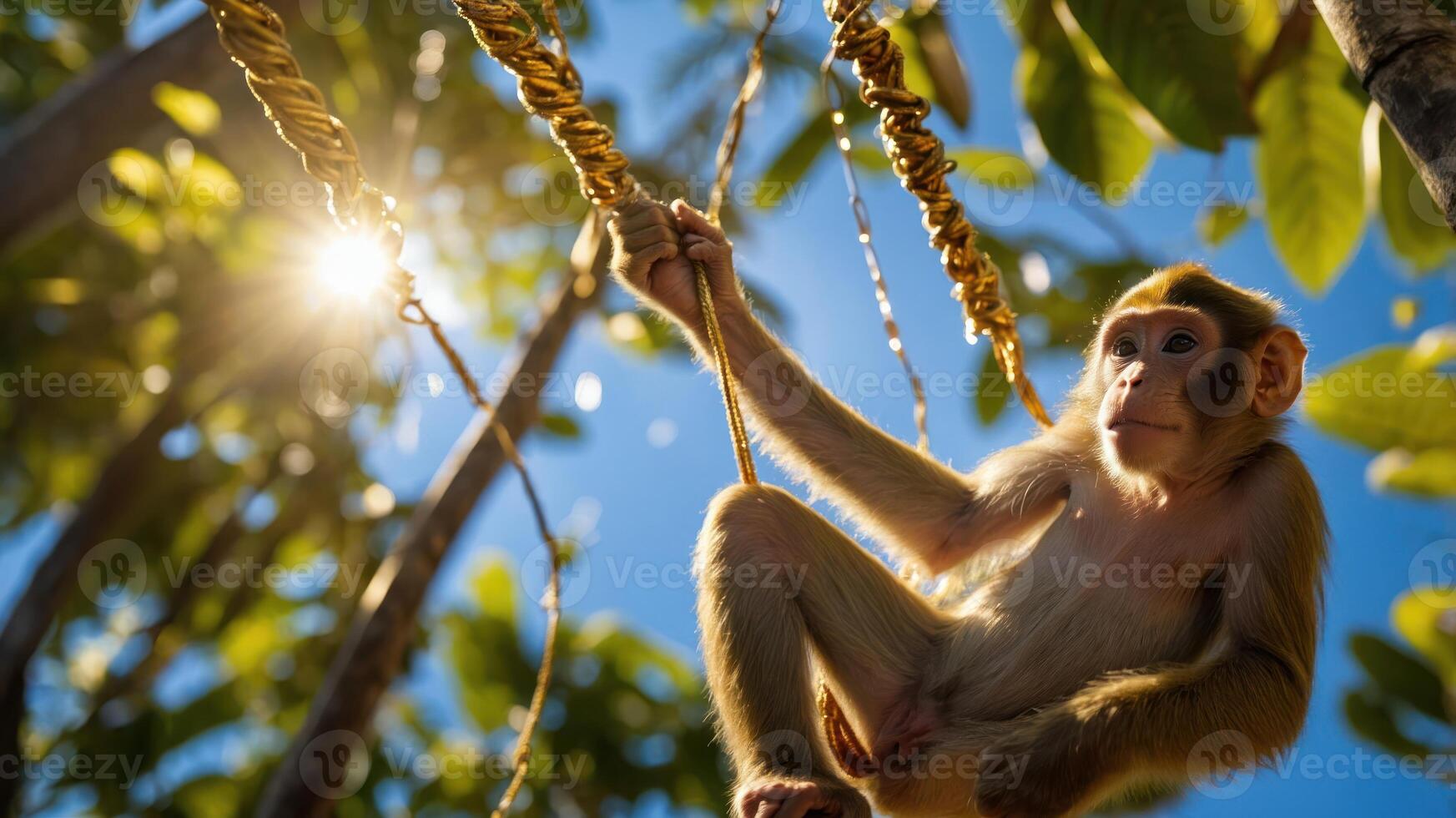 A monkey hanging on a rope amidst lush greenery and sunlight. photo