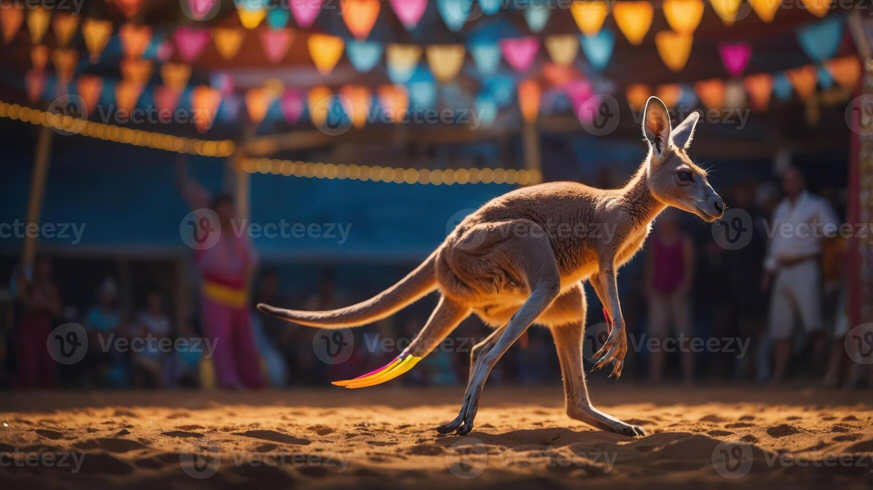 A kangaroo gracefully hops in a vibrant, festive setting with colorful decorations. photo