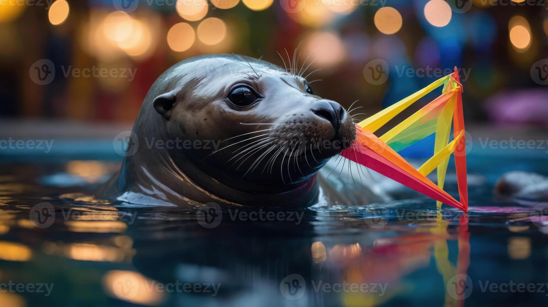 A seal playfully holds a colorful toy in its mouth while swimming in a pool. photo