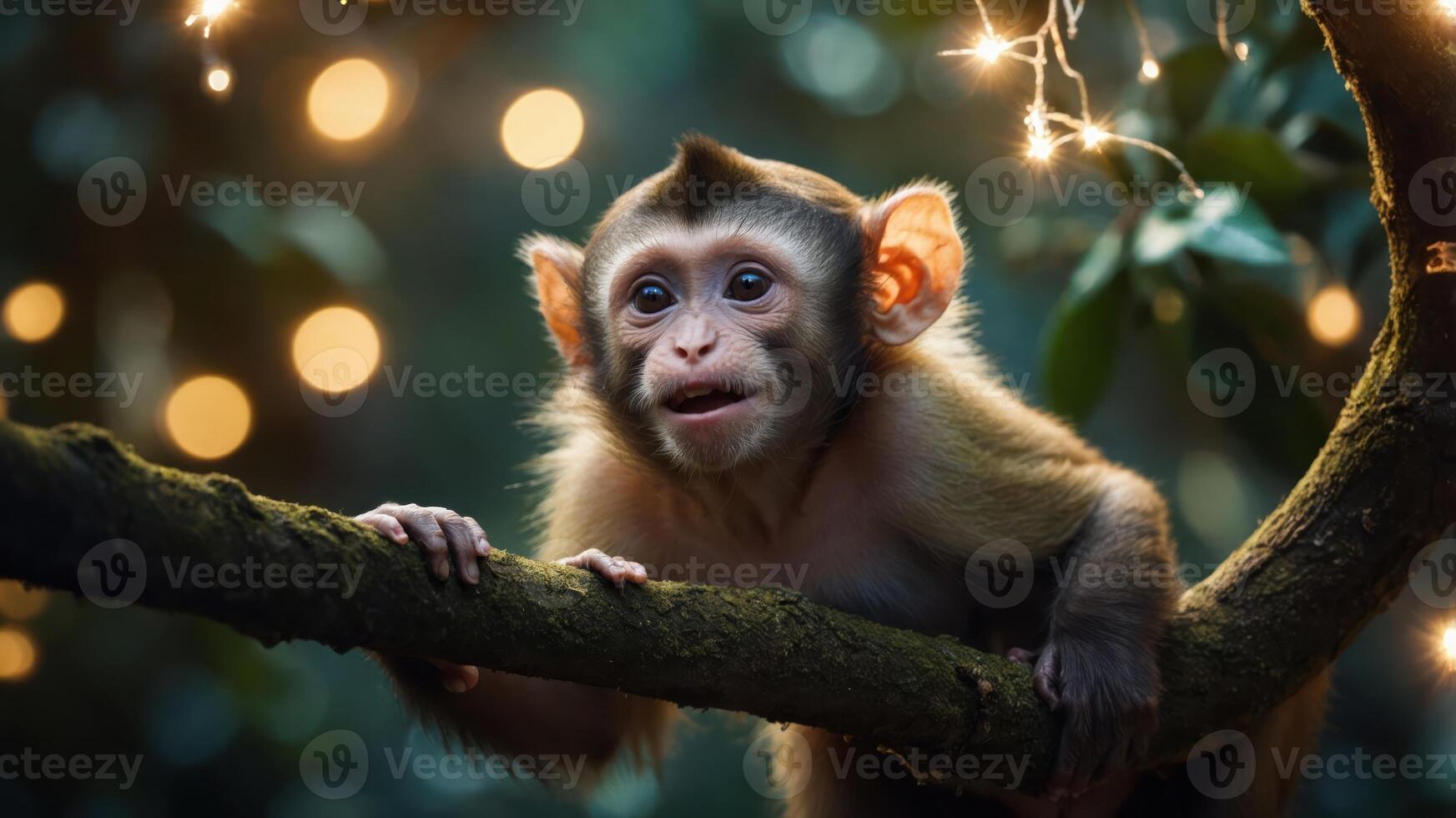 A young monkey perched on a branch, surrounded by soft glowing lights in a lush environment. photo