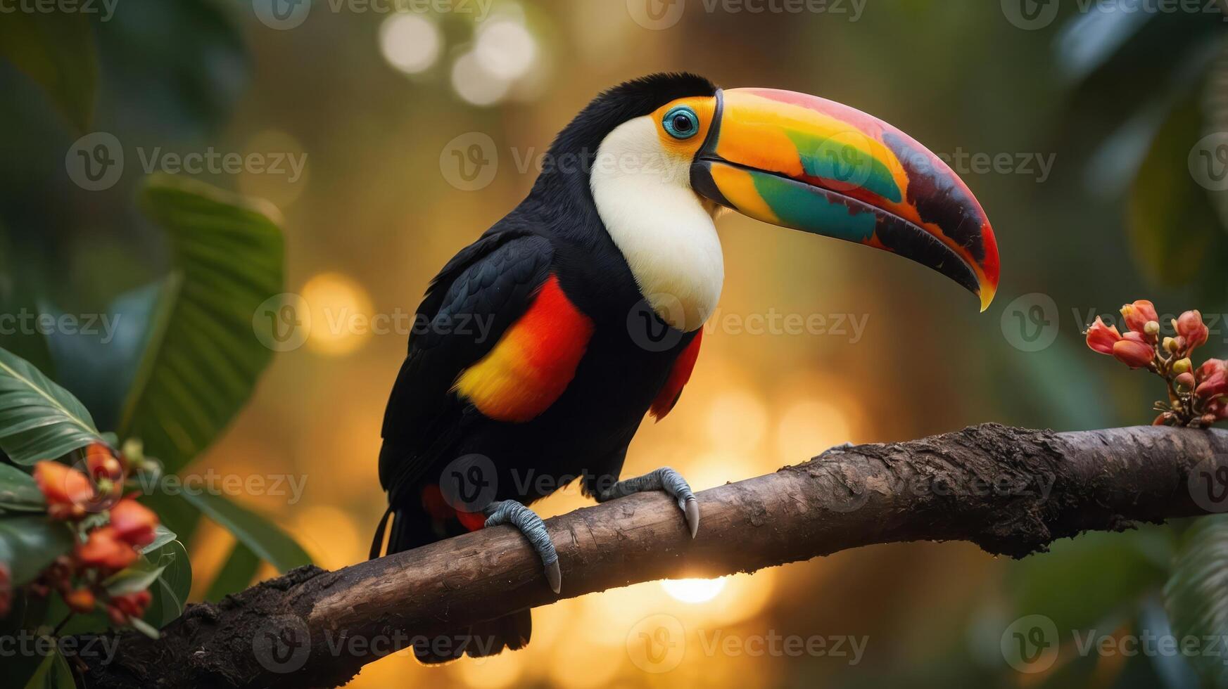 A vibrant toucan perched on a branch amidst a lush, colorful background. photo