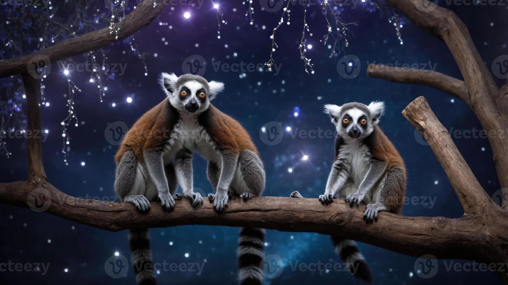 Two lemurs perched on a branch under a starry sky, creating a whimsical atmosphere. photo