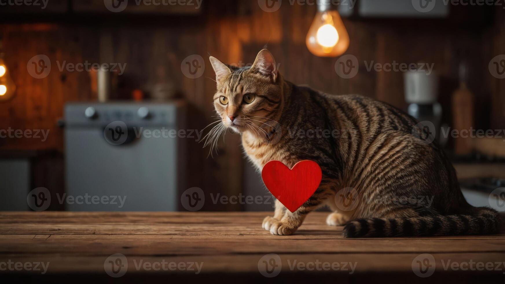 A tabby cat sits on a wooden table with a red heart symbol beside it. photo