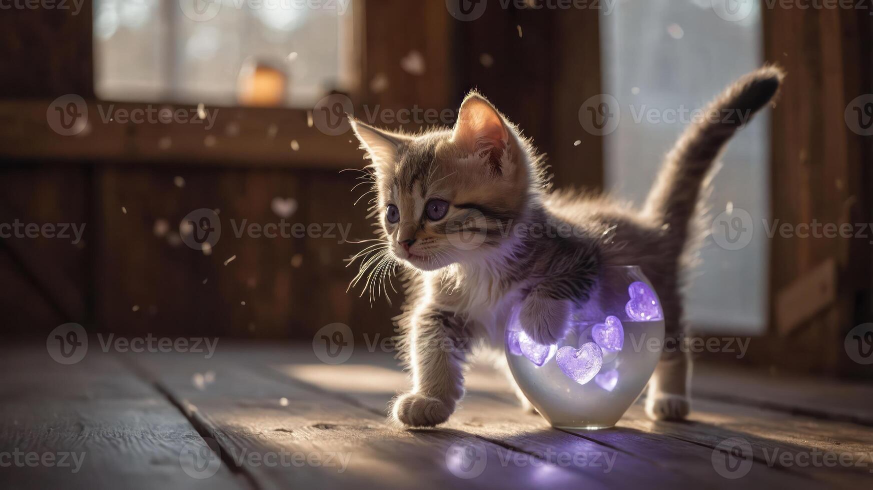 A playful kitten exploring a glowing heart-shaped object in a cozy, rustic setting. photo