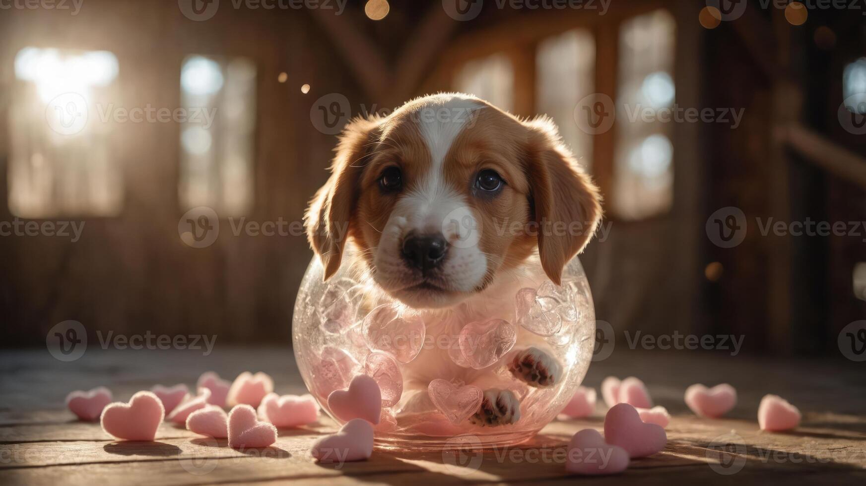 A puppy sitting in a transparent bowl surrounded by heart-shaped decorations. photo