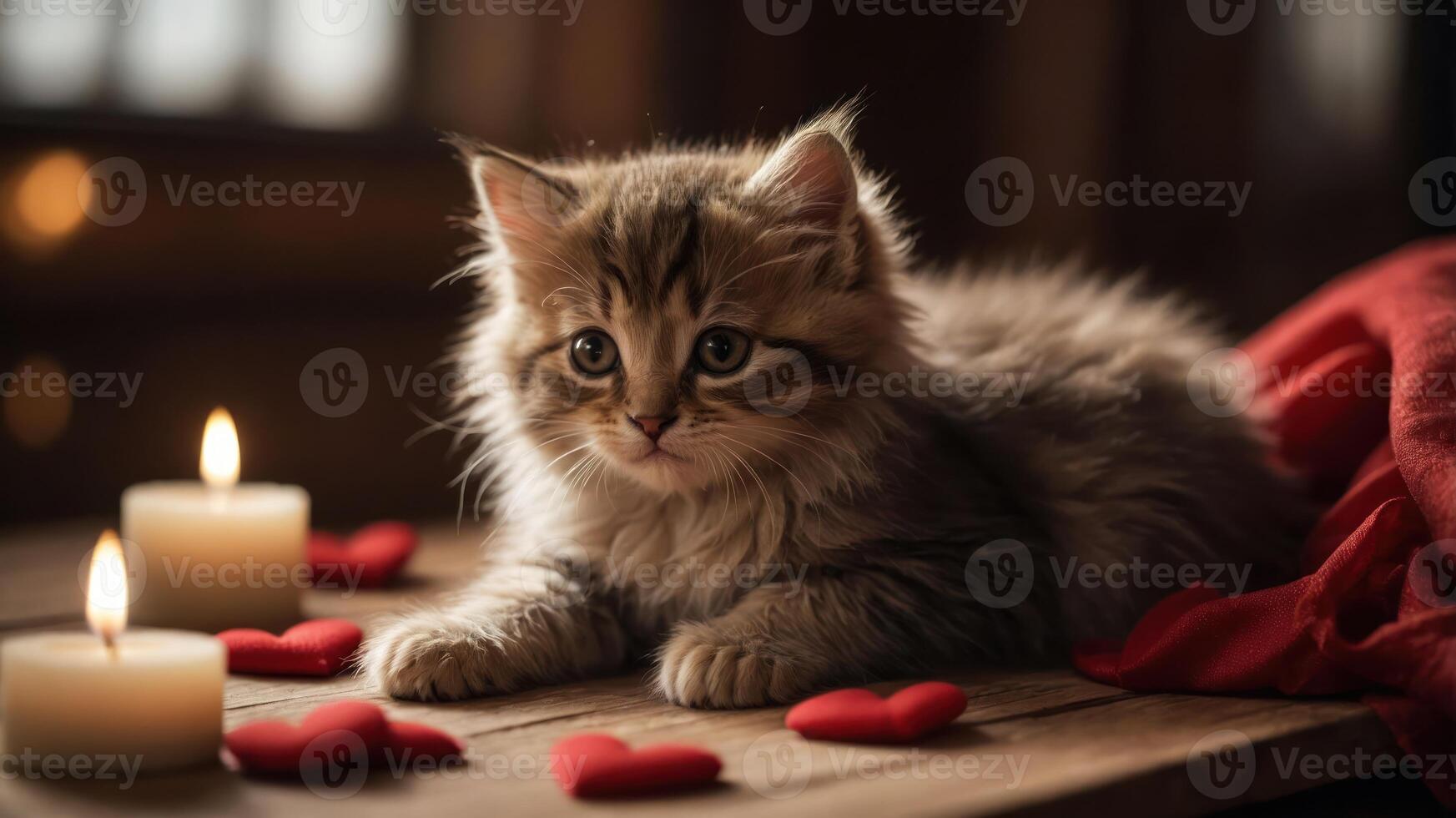 A fluffy kitten surrounded by candles and heart-shaped decorations, creating a cozy atmosphere. photo