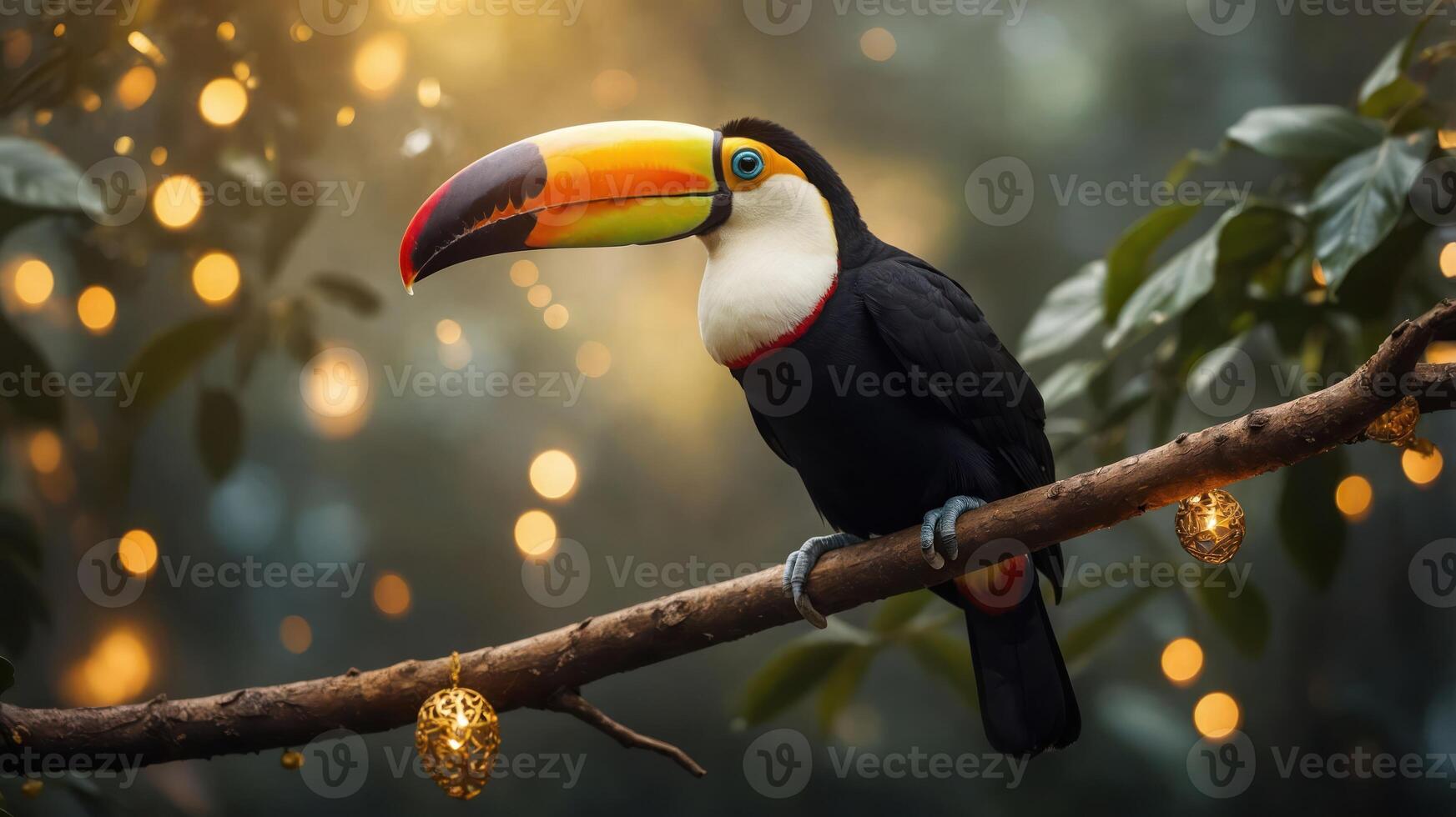 A colorful toucan perched on a branch amidst a blurred, enchanting background. photo